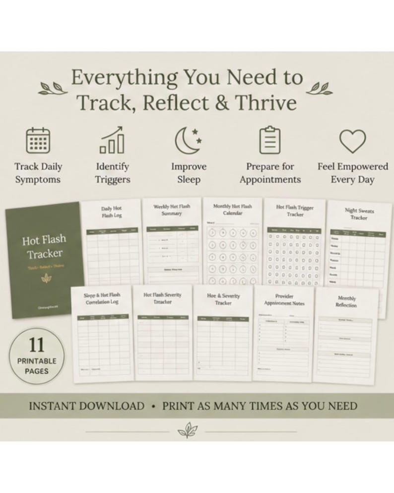 May include: A set of 11 printable pages for a Hot Flash Tracker, featuring a dark green cover and white interior sheets with tables and calendars. Text includes Everything You Need to Track, Reflect & Thrive and 11 Printable Pages.