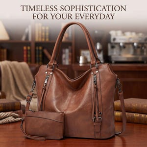 May include: A brown tote bag with two vertical zippered pockets, long handles, and a matching wristlet. The text "TIMELESS SOPHISTICATION FOR YOUR EVERYDAY" is printed above the bag. The bag features dark metal hardware and a smooth finish.
