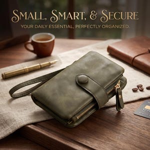 May include: An olive green wallet with a wrist strap, a snap button closure, and a gold-toned zipper. The text "SMALL, SMART, & SECURE" and "YOUR DAILY ESSENTIAL, PERFECTLY ORGANIZED." is visible at the top of the image in a decorative font.