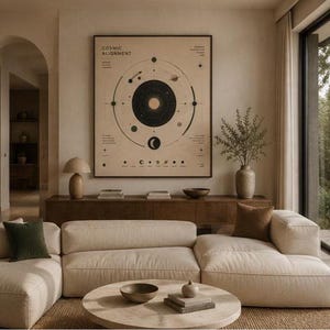 Op de afbeelding: Een grote vierkante wandprint getiteld Cosmic Alignment met een zwart en beige diagram van het zonnestelsel met planetaire banen en hemelse symbolen. De print is ingelijst in een dunne zwarte lijst boven een lange houten consoletafel.