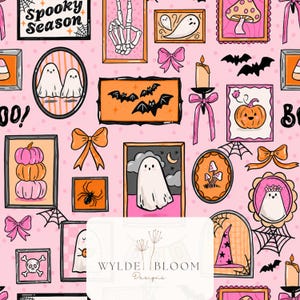 May include: A repeating pattern on a light pink background featuring framed illustrations of ghosts, pumpkins, bats, spiders, skulls, and candles. The text "SPOOKY SEASON" and "WYLDE BLOOM Designs" appear alongside pink bows and spider webs.