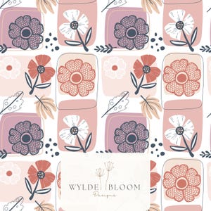 May include: A repeating pattern featuring stylised flowers in shades of dusty rose, mauve, and white, accented with dark grey stems and leaves. The design includes soft rectangular shapes and small dots. The text WYLDE BLOOM Designs is visible.