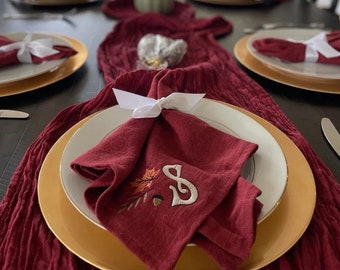Burgundy Monogrammed Leaf design Embroidered Linen Blend Napkins - set of 4 Premium - Fall Thanksgiving