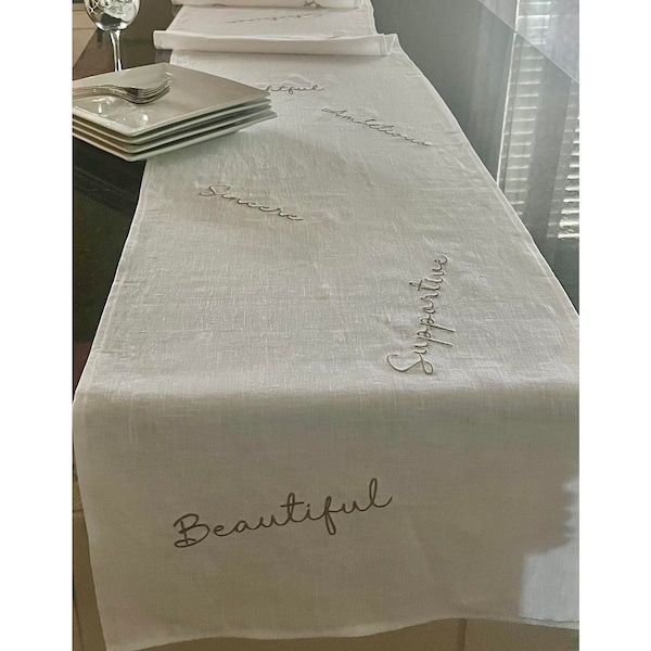 Custom "Possitive Attribute" Words Embroidered onto 72" Table Runner - Premium Linen - Wedding, Shower, Birthday Party, Guest of Honor