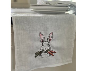 Embroidered Easter Table Runner, Linen Carrot Farm Table Runner, Easter Bunny Embroidery, Easter Table Top, Easter Decor