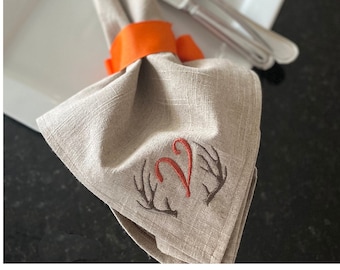 Embroidered Antler Monogram Linen Napkins - set of 4 - pure linen - embroidered - Easter spring Passover