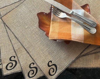 Embroidered Burlap Placemats - Personalized Initial, Set of 4 Embroidered Holiday Placemats - Edged Thanksgiving Christmas Easter Passover