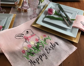 Linen Easter Table Runner - Rabbit Bunny in wreath of spring flowers - Embroidered on fine Pink or Aqua Robins Egg Blue linen - 12" x 60 "