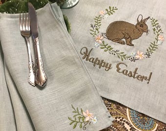 Linen Easter Table Runner - Rabbit Bunny in wreath of spring flowers - Embroidered on fine Aqua Robins Egg Blue linen - 12" x 60 "