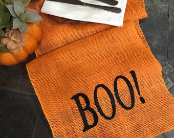 BOO - Orange Burlap Halloween table runner - 12 inches by your choice of the length