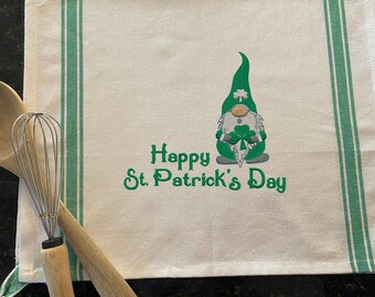 Embroidered Shamrocks w Gnome "Happy St Patrick's Day" -  Premium Stripe Kitchen Tea Towel 25.5" x 15.5" Green Striped Grain Sack Cotton