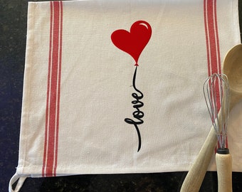 Embroidered Valentines Day Heart Balloon "love" - Valentine Premium Stripe Kitchen Tea Towel 25.5" x 15.5" Red Striped Grain Sack Cotton