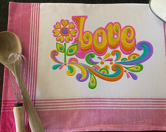 Embroidered Valentines Day towel Psychedelic Mod Retro "LOVE" Premium Stripe Kitchen Tea Towel 25.5" x 15.5" Premium Striped cotton