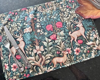 William Morris Inspired Deer Placemat Beautiful woodland scene with autumn flowers & deer CUSTOM American Cotton Holiday Thanksgiving