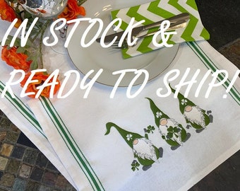 Embroidered St Patrick's Day - Shamrocks 3 Gnomes Premium Stripe Kitchen Tea Towel 25.5" x 15.5" Premium Green Striped Grain Sack Cotton