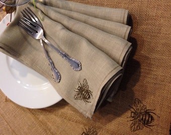 Embroidered Bumble Bee Linen Napkins - set of 4 - pure linen - embroidered - Easter spring Passover