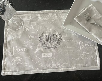 Custom Embroidered Placemat - American Cotton Paris Print Monogram - Holiday Easter Passover