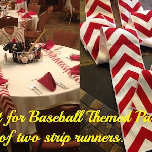 May include: Set of two red and white chevron table runners. Perfect for a baseball themed party!