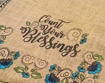 Embroidered Burlap Table Runner "Count Your Blessings" on both ends - 12" by 60" - Thanksgiving