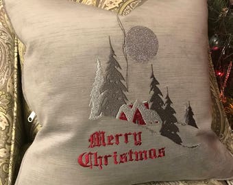 Merry Christmas Velvet Pillow Cover - Embroidered - Metallic silver thread Christmas home decor