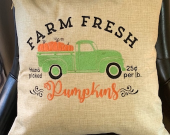 Thanksgiving Pumpkins Fall Pillow Cover - Embroidered - Pickup Truck Pumpkins design - Thanksgiving home decor