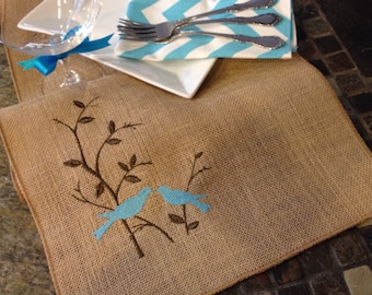 Burlap Love Birds on a Branch - Embroidered Burlap Table Runner  - as seen in Carolina Bride- Spring Lovebirds Nature