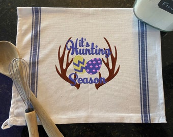 Embroidered Antler Easter Egg Kitchen Towel "It's Hunting Season" Spring Easter Farm Flour Grain Sack Stripe 25.5x15.5" Blue Striped Cotton