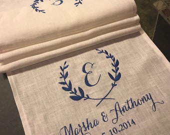 Embroidered Personalized Pure Linen Table Runner - Personalized & Embroidered - 12 inches by 60 inches - Decor Wedding Party Event Custom