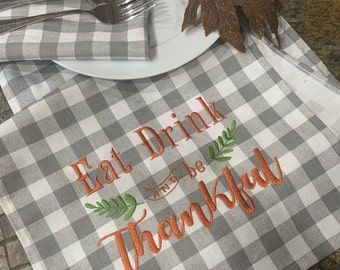 Thanksgiving "Eat Drink & be Thankful" Decor Premium Monogram Table Runner - 12" wide by 5 feet long (60") Premium Gray White Check Cotton -