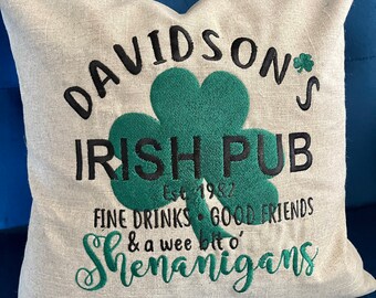 Personalized St Patrick's Day "Irish Pub" Pillow Cover - Embroidered Modern Farmhouse - Vintage inspired -  Home Decor