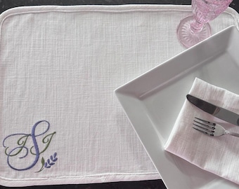 Custom Monogrammed Embroidered Placemat - Premium Linen Blend - Holiday Easter Passover in Pretty Purple Lavender Wildflower Design