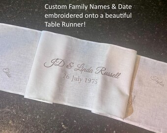 Custom "Family" Names & Date Embroidered onto 72" Table Runner - Premium Linen - Anniversary, Shower, Birthday Party, Guest of Honor