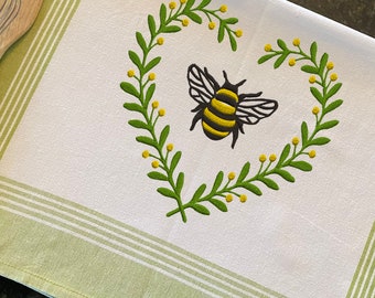 Embroidered Bumble Bee towel Premium Stripe Kitchen Tea Towel 25.5" x 15.5" Premium Green Striped cotton