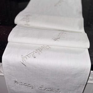 Linen blend "Happy Birthday" Scatter Embroidered onto 60" Table Runner - Wedding, Shower, Birthday Party, Customization available