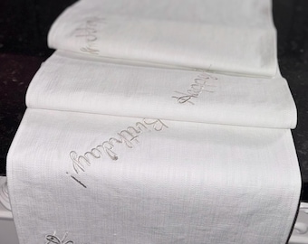 Linen blend "Happy Birthday" Scatter Embroidered onto 60" Table Runner - Wedding, Shower, Birthday Party, Customization available