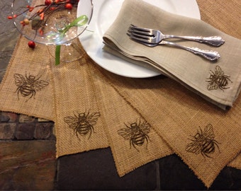 Embroidered Bumble Bee Burlap placemats - set of 4  - Pemium sanitized burlap