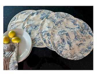 Custom Blue Toile Round Placemat - Premium American Cotton - Pastoral scene of music and dancing - Holiday Easter Passover