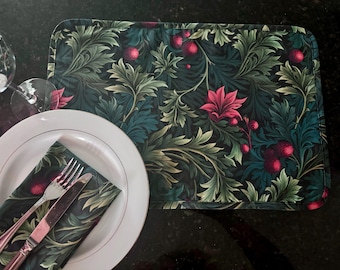 William Morris Inspired Holiday Placemat Beautiful Evergreen Scrolls w/ flowers & berries CUSTOM American Cotton Holiday Christmas Jacobian
