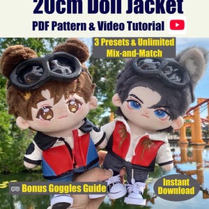 May include: Two plush dolls wearing miniature red, white, and blue jackets with black collars and black goggles on their heads. The text reads 20cm Doll Jacket, PDF Pattern & Video Tutorial, 3 Presets & Unlimited Mix-and-Match, and Bonus Goggles Guide.
