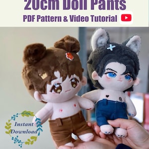 May include: Two plush dolls, one with brown hair and brown pants, the other with dark gray hair and blue pants. Text reads: 20cm Doll Pants, PDF Pattern & Video Tutorial, Instant Download. The dolls have embroidered facial features and small ears.