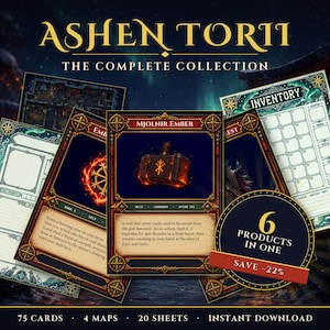 Puede incluir: Una colección digital titulada ASHEN TORII THE COMPLETE COLLECTION que incluye 75 cartas, 4 mapas y 20 hojas. La imagen muestra cartas de juego como MJOLNIR EMBER, una hoja de inventario y una insignia circular que dice 6 PRODUCTS IN ONE.