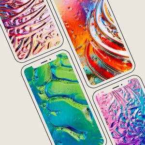 May include: A collection of five smartphones arranged in a diagonal pattern, each displaying a unique, vibrant, and abstract liquid-like wallpaper featuring swirling patterns of red, orange, blue, green, and purple hues with glossy textures.