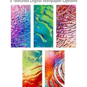 May include: A bundle of five textured digital wallpaper options featuring vibrant, abstract patterns. The designs include swirling blue and purple, green and teal, red and orange, yellow and red, and multi-colored liquid-like textures.