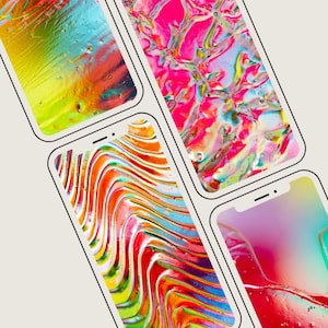 May include: Five smartphones arranged in a diagonal pattern, each displaying a unique digital wallpaper featuring vibrant, abstract, and fluid color gradients in shades of neon pink, electric blue, bright yellow, and fiery orange.