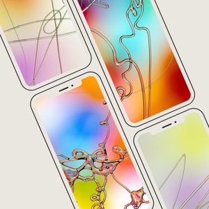 May include: Five smartphones arranged in a diagonal pattern, each displaying a unique digital wallpaper featuring vibrant, multi-colored gradient backgrounds overlaid with intricate, thin, metallic-looking wire or liquid-like abstract shapes.