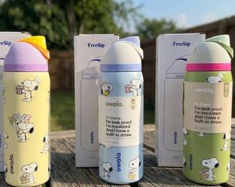 Snoopy Peanuts Owala FreeSip Water Bottle 32oz Insulated Straw Tumbler Leak Proof Pastel Cute Dog Gift for Her