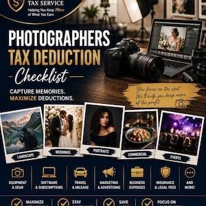 May include: A promotional flyer for SLP Tax Service featuring a DSLR camera and laptop on a desk. It includes a Photographers Tax Deduction Checklist, five photo examples of landscape, wedding, portrait, commercial, and event photography, and icons for business expenses.