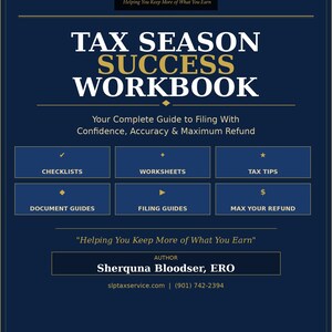 Könnte beinhalten: Ein dunkelblaues Arbeitsbuch für den Steuererfolg mit goldenem Text. Es enthält das Logo von SLP Tax Services sowie Abschnitte für Checklisten, Arbeitsblätter, Steuertipps, Dokumentenleitfäden, Einreichungshilfen und Tipps zur Maximierung der Rückerstattung.
