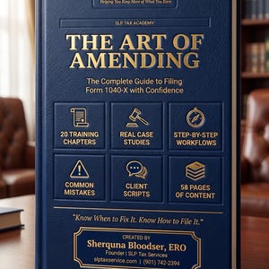 May include: A dark blue hardback book titled The Art of Amending: The Complete Guide to Filing Form 1040-X with Confidence. The cover features gold text, icons, and details including 20 training chapters, real case studies, and 58 pages of content.