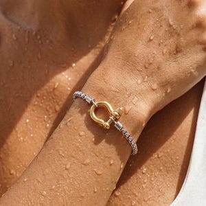 Könnte beinhalten: Ein Armband mit einer silberfarbenen Boxkette und einem goldfarbenen, hufeisenförmigen Schäkelverschluss. Der Verschluss wird mit einem Gewindestift gesichert, was ein zweifarbiges Metalldesign ergibt, das poliert am Handgelenk anliegt.